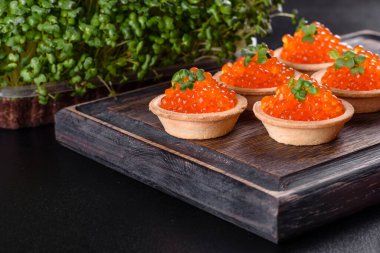 Koyu beton bir masada leziz taze kırmızı havyar. Lezzetli ve sağlıklı bir kahvaltı.