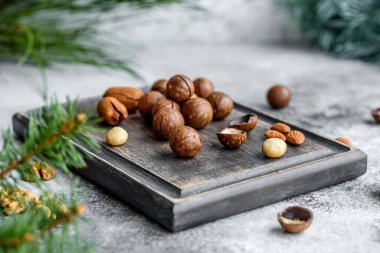 Ahşap kesme tahtasındaki ladin dallarının arka planına karşı açık beton arka planda çeşitli fındıklar var.