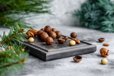 Ahşap kesme tahtasındaki ladin dallarının arka planına karşı açık beton arka planda çeşitli fındıklar var.