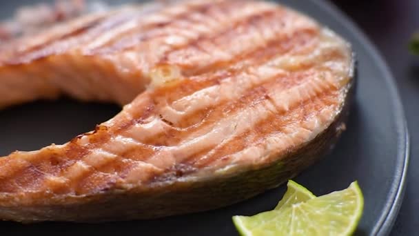 Fresh Cooked Delicious Salmon Steak Spices Herbs Baked Grill Healthy — Stock Video