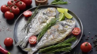 Baharat ve otlarla ızgarada pişirilmiş lezzetli dorado. Dorado yemek pişirdi.