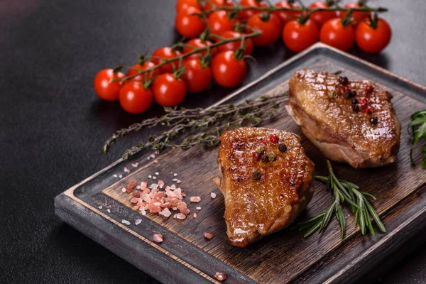 Baked Duck Breast Herbs Spices Dark Concrete Background Fried Meat — Stock Photo, Image