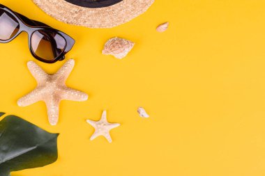 Plaj aksesuarları: kabuklu gözlük ve şapka ve renkli arka planda deniz yıldızları. Yaz arkaplanı
