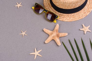 Kabuklu plaj aksesuarları ve renkli arka planda deniz yıldızları.