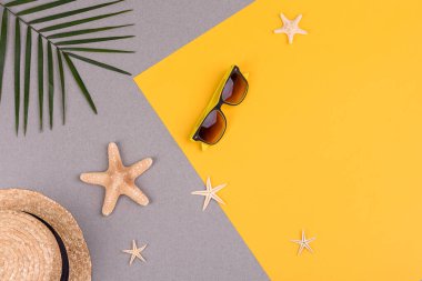 Kabuklu plaj aksesuarları ve renkli arka planda deniz yıldızları.