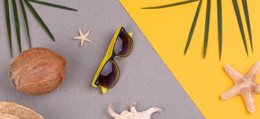 Kabuklu plaj aksesuarları ve renkli arka planda deniz yıldızları.