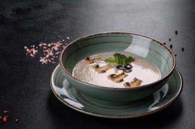 Seramik tabakta taze taze mantar çorbası. İlk yemek, sağlıklı yemek.
