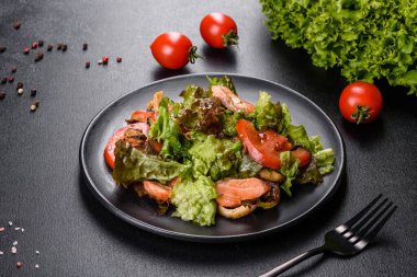 Balık, peynir, domates ve marul yapraklı taze salata. Sağlıklı yemek.