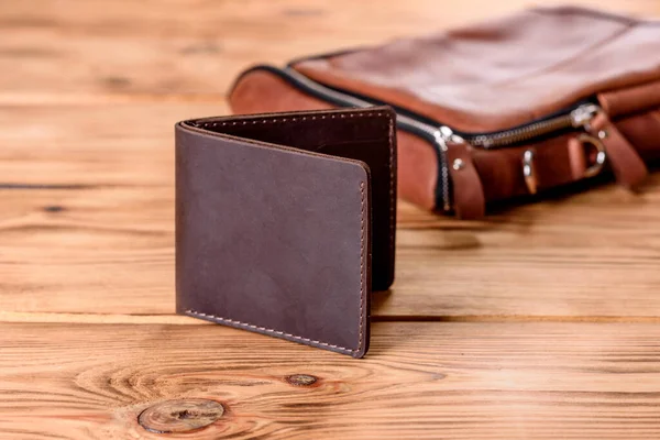 Beautiful Leather Brown Purse Made Leather Store Paper Money Credit — Zdjęcie stockowe