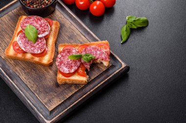 Koyu beton arka planda kurutulmuş İspanyol sosisi salamı. Lezzetli taze sandviçlerin hazırlığı