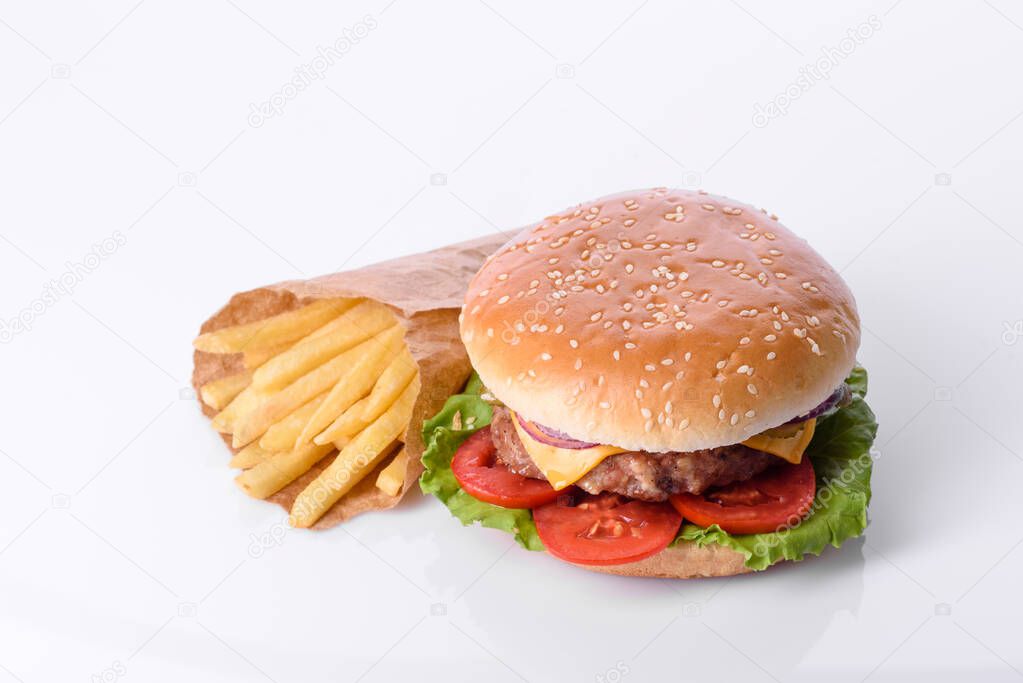 Delicious fresh homemade burger isolated on white