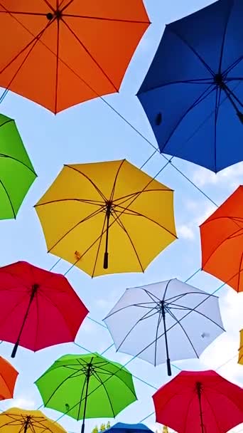 Autumn Themed Umbrellas Hang Park Alley Colorful Umbrellas Hanging Out — Stock Video