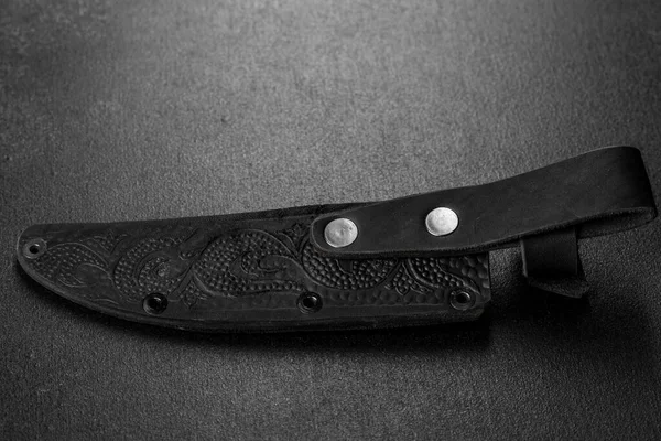 Beautiful Leather Case Sharp Hunting Knife Dark Concrete Background — Stock Photo, Image