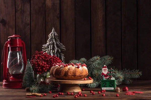 Gâteau Noël Décoré Canneberges Vue Haut — Photo