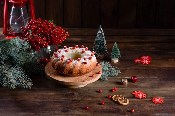 Gâteau Noël Décoré Canneberges Vue Haut — Photo