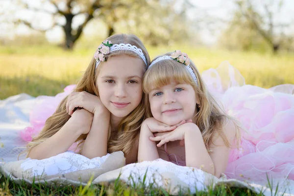 Twee kleine leuke meisjes zusters in roze jurken — Stockfoto