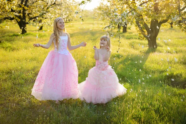 Duas meninas bonitas irmãs em vestidos rosa — Fotografia de Stock