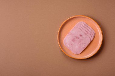 Meat, square ham sliced, organic food, protein for snacks. Sliced ham as a food background for your design