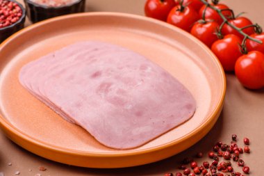 Meat, square ham sliced, organic food, protein for snacks. Sliced ham as a food background for your design