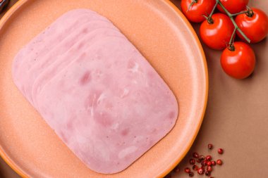 Meat, square ham sliced, organic food, protein for snacks. Sliced ham as a food background for your design