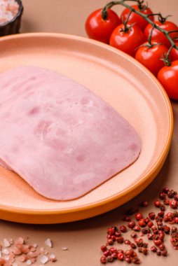 Meat, square ham sliced, organic food, protein for snacks. Sliced ham as a food background for your design