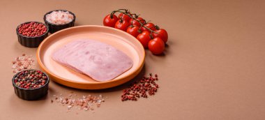 Meat, square ham sliced, organic food, protein for snacks. Sliced ham as a food background for your design