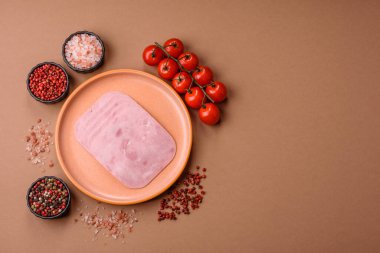 Meat, square ham sliced, organic food, protein for snacks. Sliced ham as a food background for your design
