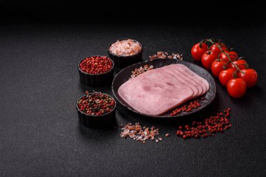Meat, square ham sliced, organic food, protein for snacks. Sliced ham as a food background for your design
