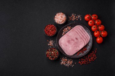 Meat, square ham sliced, organic food, protein for snacks. Sliced ham as a food background for your design