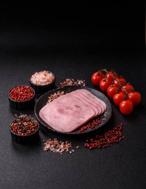 Meat, square ham sliced, organic food, protein for snacks. Sliced ham as a food background for your design