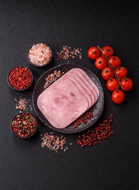 Meat, square ham sliced, organic food, protein for snacks. Sliced ham as a food background for your design