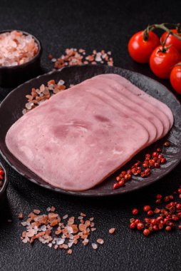 Meat, square ham sliced, organic food, protein for snacks. Sliced ham as a food background for your design
