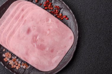 Meat, square ham sliced, organic food, protein for snacks. Sliced ham as a food background for your design