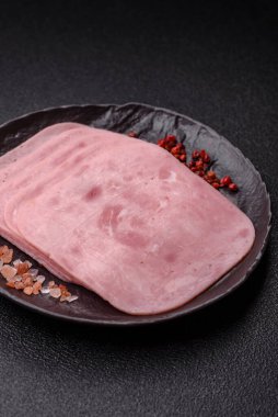 Meat, square ham sliced, organic food, protein for snacks. Sliced ham as a food background for your design