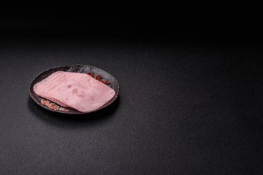 Meat, square ham sliced, organic food, protein for snacks. Sliced ham as a food background for your design