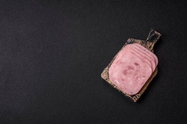 Meat, square ham sliced, organic food, protein for snacks. Sliced ham as a food background for your design