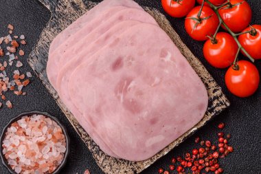 Meat, square ham sliced, organic food, protein for snacks. Sliced ham as a food background for your design