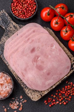 Meat, square ham sliced, organic food, protein for snacks. Sliced ham as a food background for your design