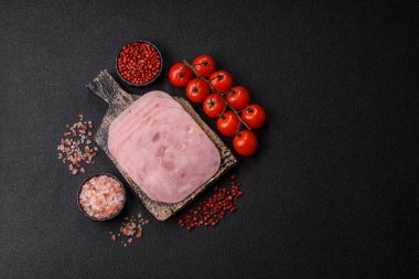 Meat, square ham sliced, organic food, protein for snacks. Sliced ham as a food background for your design