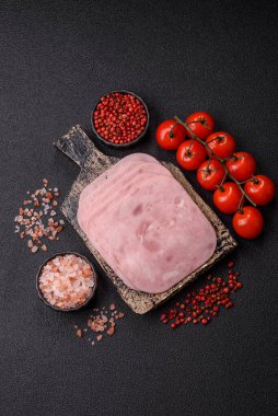 Meat, square ham sliced, organic food, protein for snacks. Sliced ham as a food background for your design