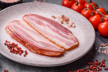 Meat, raw pork bacon sliced, organic food, protein for snacks. Raw bacon as a food background for your design