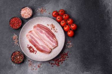 Meat, raw pork bacon sliced, organic food, protein for snacks. Raw bacon as a food background for your design