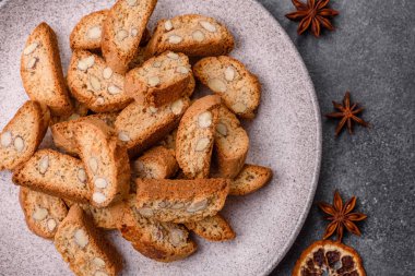 Italian cantuccini cookies with almonds, a sweet biscuit dessert. Cantuccini cookies as a food backdrop for your design