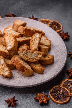Italian cantuccini cookies with almonds, a sweet biscuit dessert. Cantuccini cookies as a food backdrop for your design