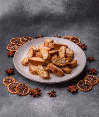 Italian cantuccini cookies with almonds, a sweet biscuit dessert. Cantuccini cookies as a food backdrop for your design