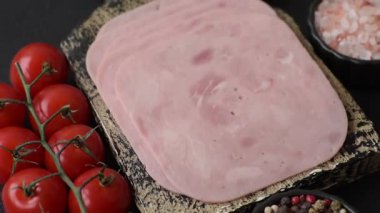 Meat, square ham sliced, organic food, protein for snacks. Sliced ham as a food background for your design