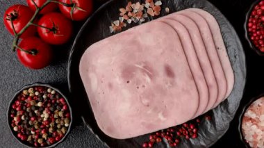 Meat, square ham sliced, organic food, protein for snacks. Sliced ham as a food background for your design