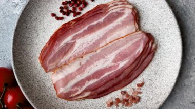 Meat, raw pork bacon sliced, organic food, protein for snacks. Raw bacon as a food background for your design