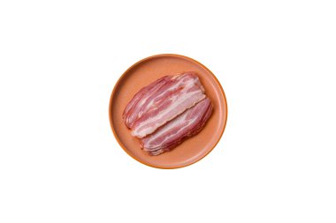Meat, raw pork bacon sliced, organic food, protein for snacks. Raw bacon as a food background for your design