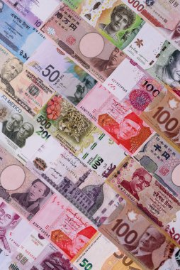 Paper money, banknotes of different countries in several denominations as a business background. Paper money and cash as a financial background for your design.